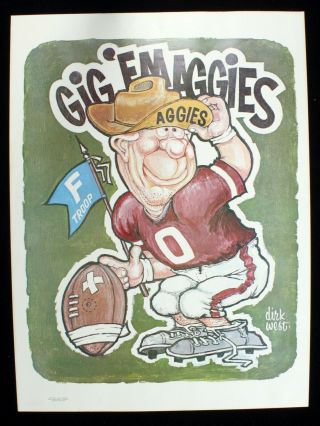 Vintage 1972 Texas A&m Aggies Poster By Dirk West Cartoon Mascot Football Swac