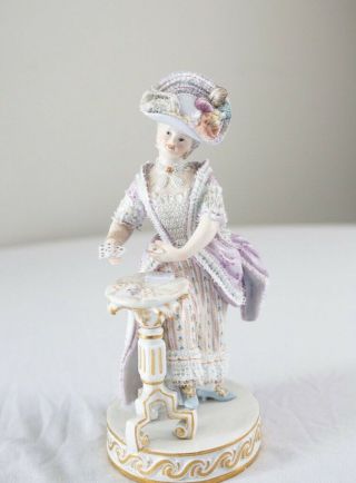 Meissen Antique Figurine Table Cards Porcelain Lace Purple Dress RARE 3