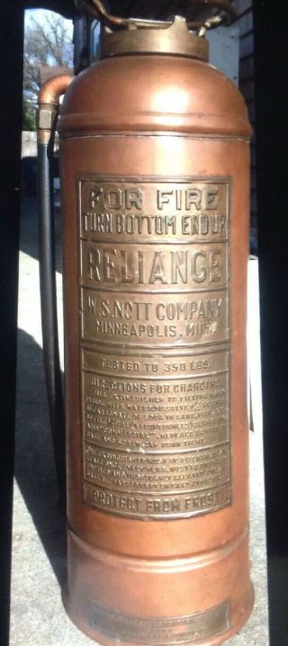 Antique W.  S.  Nott Reliance Fire Extinguisher Brass & Copper Patina
