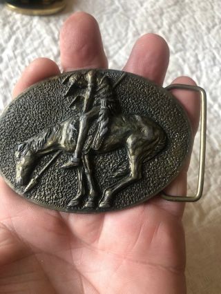 Vintage Brass Belt Buckle End Of The Trail 1981 Indian On Horse
