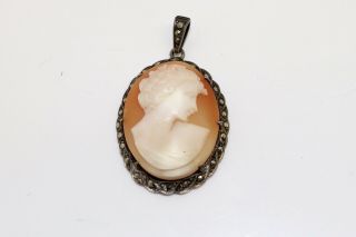 A Vintage Sterling Silver 925 Marcasite & Agate Cameo Pendant 15680