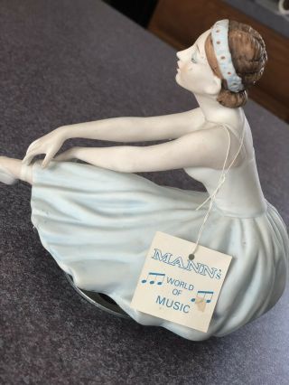 Vintage Mann Porcelain Rotating Music Box Light Blue Ballerina Music