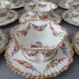 9 Antique Dresden Hp Porcelain Ramekins Custards Flower Swags Gilt Trim Wolfsohn