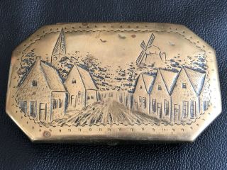 Antique 19th Century Brass Tobacco / Snuff Box With Engraved Decoration