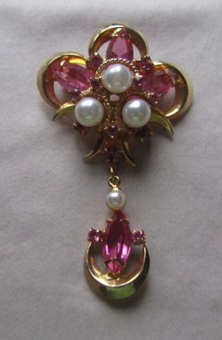 Vintage Gold Tone Victorian Style Brooch With Faux Pearls And Pink Rhinestones