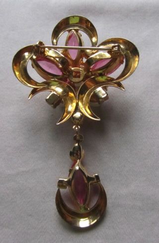 Vintage gold tone victorian style brooch with faux pearls and pink rhinestones 2