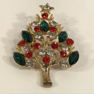 Vintage Christmas Tree Brooch Pin Green Clear Red Glass Rhinestones Gold Unknown