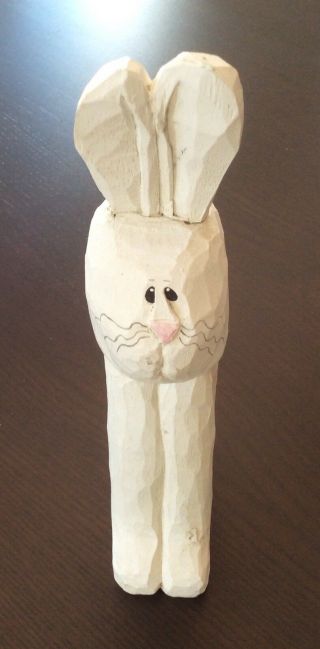 Vtg Hand Carved Wooden White Painted Bunny Rabbit Sculpture Art Decor 10 7/8” H