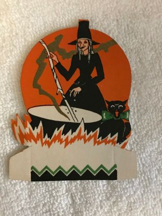 1920 - 30s Gibson Placecard Witch At Cauldron Cat Vintage Halloween 3 "