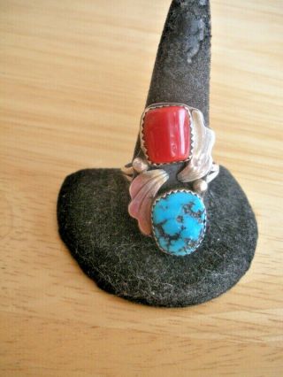 Vintage Sterling Silver Native American Turquoise & Red Coral Ring Size 8