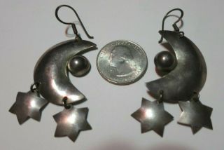 Vtg Mexico Sterling Silver Crescent Moon & Stars Earrings 15 Grams