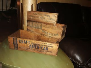 3 Vintage Wooden Cheese Boxes.  Kraft 10 Lb.  Kraft 5 Lb.  And A Sweet Girl 2 Lb.