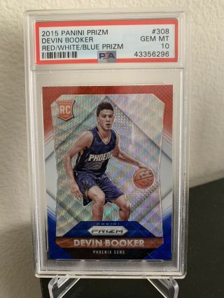 Devin Booker 2015 - 16 Prizm Red,  White,  And Blue Rookie Card In Psa 10.  (suns) Rc