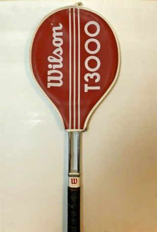 Vintage Wilson T3000 Tennis Racquet Red Strings,  Cover 4 5/8