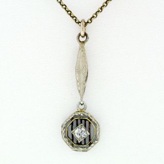 Antique Art Deco 14k Gold Diamond Drop Pendant Necklace W/ 17.  5 " Chain