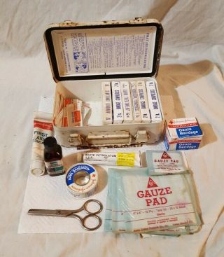 Vintage First Aid Kit With Tincture Of Merthiolate Bottle Metal Box