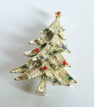 Vintage Gold Tone Rhinestone Christmas Tree Pin Brooch