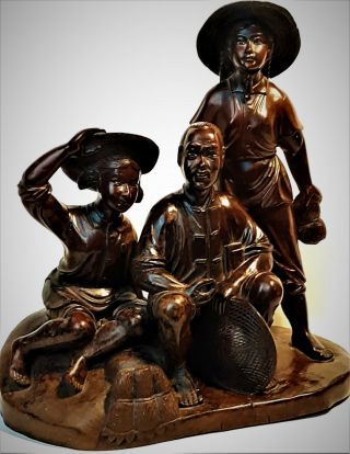 Chinese Cultural Revolution Period Longan Hard Wood Carving Family Farmers