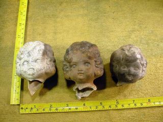 3 X Excavated Vintage Unpainted Pipe Clay Doll Head Age 1930 German Art 13539