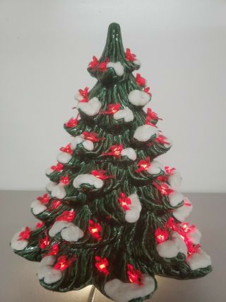 Vintage Ceramic Christmas Tree 13.  5 " With Red Bird Bulbs No Light Base