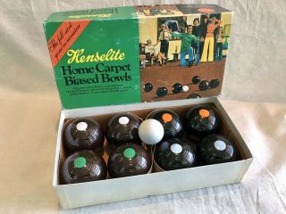 Vintage Henselite Junior Home Carpet Biased Bowls Set 8 Bowls And Jack Boxed Euc