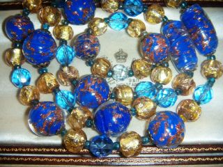 Reserved Art Deco Venetian Murano Blue Sommerso Gold Foil Beads Vintage Necklace