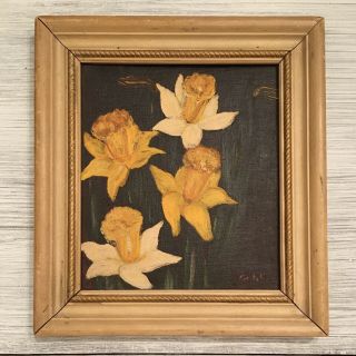 Antique Vintage Oil On Canvas/board Floral Daffodils Yellow Flowers By Schleh