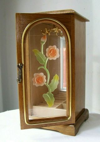 Vintage Rosalco 10” tall ARMOIRE JEWELRY BOX Wood Glass Etched Flower Ring Roll 2