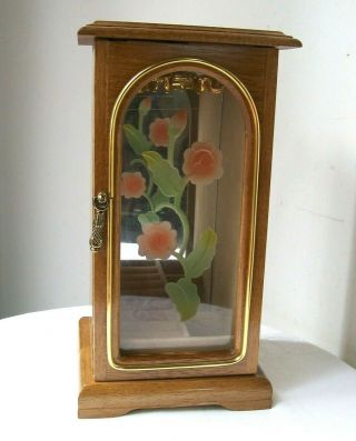 Vintage Rosalco 10” tall ARMOIRE JEWELRY BOX Wood Glass Etched Flower Ring Roll 3