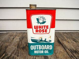 Vintage 1 Quart White Rose Outboard Motor Oil Can Nr Great Graphics