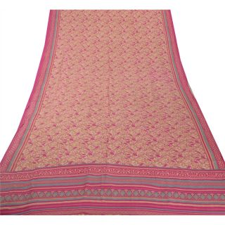 Sanskriti Vintage Cream Saree 100 Pure Crepe Silk Printed Fabric 5Yd Craft Sari 3