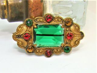 Vintage Victorian Brass C - Clasp Pin Brooch Red Green Christmas Color Rhinestones