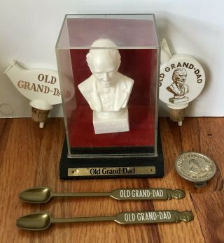 Old Grand Dad Whiskey Display Bust Pourer Stirrers Money Clip Vintage Bar Bottle