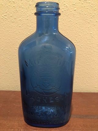 Vintage Cobalt Blue Phillips " Milk Of Magnesia " Embossed Glass Bottle -
