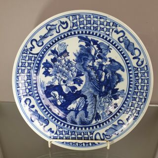 Big Antique Chinese Qing Period Kangxi Style Phoenix Blue & White Charger Dish
