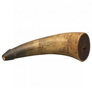 Pre - Civil War Antique Etched Powder Horn,  1835 Americana Folk Art Scrimshaw