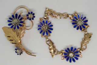 Vintage Mcclelland Barclay Floral Gold Filled / Enamel Bracelet &pin.  Ship