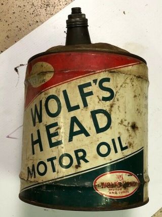 Vintage Wolfs Head Motor Oil Can Metal 5 Gallon 1116