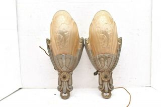 Art Deco Antique Glass Slip Shade Wall Sconce Fixture Vintage Pair Set 2 Lincoln