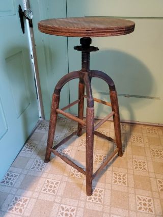 Vintage Antique Industrial Rugged Cast Iron And Wood Adjustable Swivel Stool