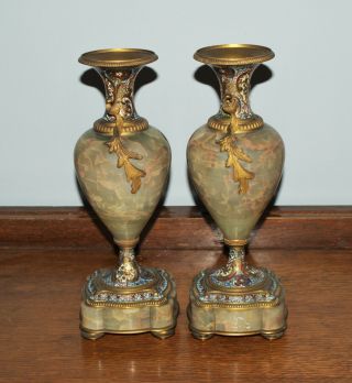 Pair Large Antique (French?) Ormolu Bronze Champleve Enamel Onyx Garniture Urns 2