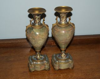 Pair Large Antique (French?) Ormolu Bronze Champleve Enamel Onyx Garniture Urns 3