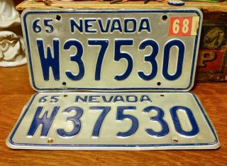 Vintage 1965 Matched Nevada State License Plates Washoe Silver & Blue