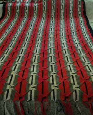 Vintage Hand Knit Crocheted Afghan Multi Color Pattern Fringe 68” X 42” Twin Siz