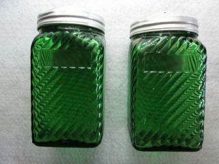 Vintage Green Owens - Illinois Glass Salt And Pepper Shakers Ribbed Sides