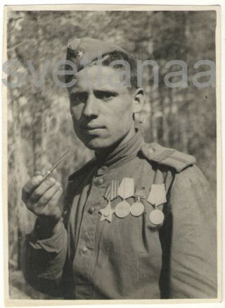Wwii Russian Soldier Smoking Pipe Handsome Man Guy Boy Red Star Vintage Photo