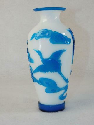 Vintage Chinese Peking Glass Vase Blue Cranes Clouds Well Carved Old Item Cameo