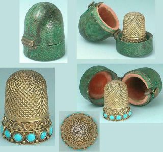 Antique 15 Kt Gold & Turquoise Thimble In Shagreen Case English Circa 1850