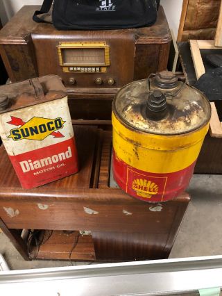2 Vintage Oil Cans 5 Gallon Shell Oil Can And Sunaco Diamond2.  5 Gallon Can Good