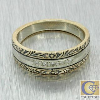 1930s Antique Art Deco 14k White Gold Diamond Enamel 7mm Wide Wedding Band Ring